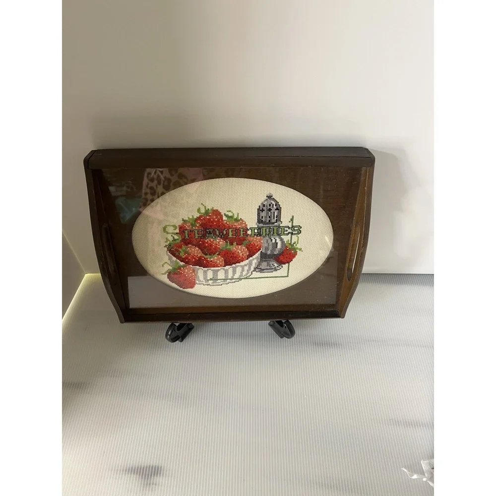 Vintage Needle‎ Point Strawberries Wooden Tray 13